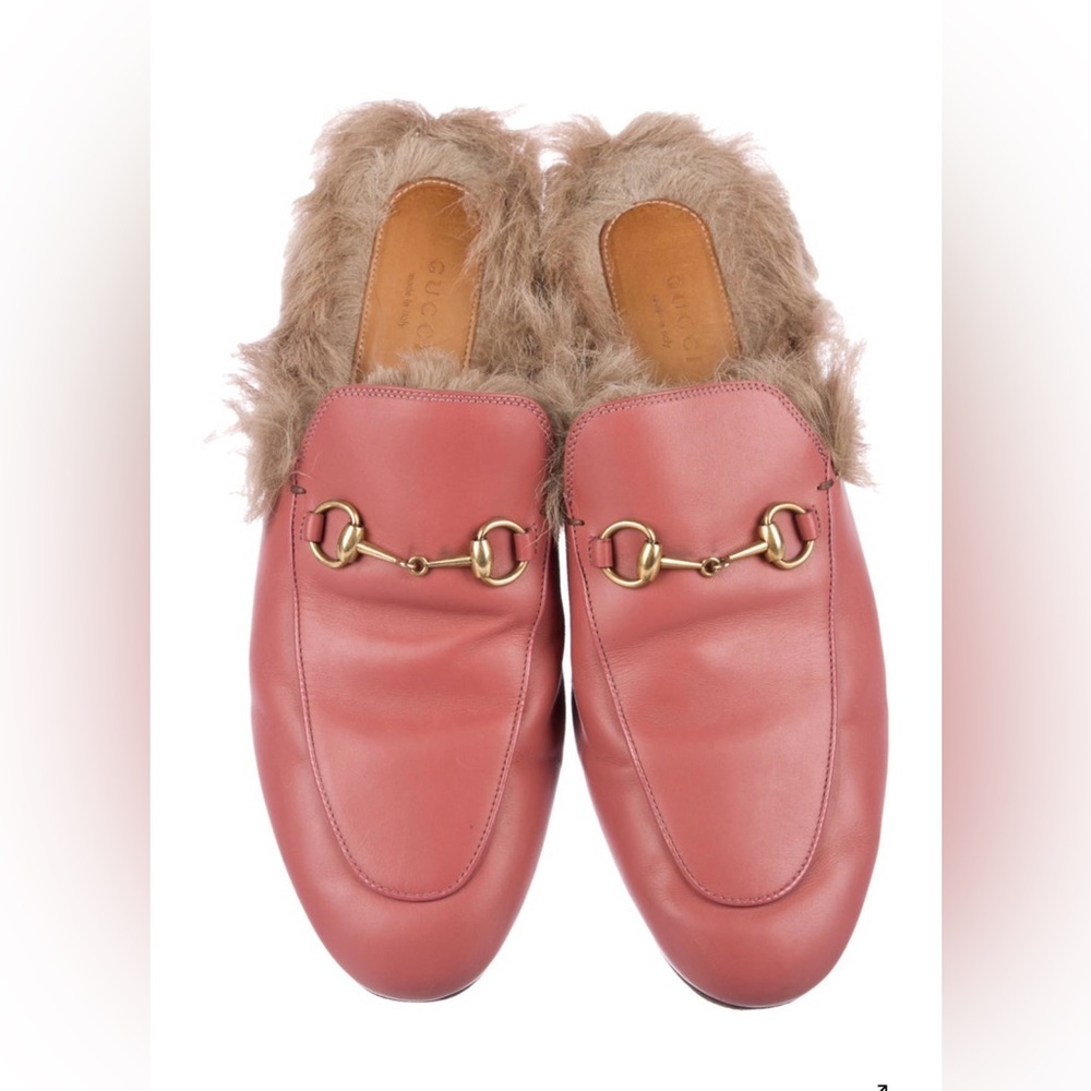 Gucci Pink Leather Fur-Lined Mules